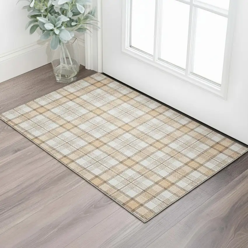 Peach Ivory And Brown Plaid Washable Area Rug With UV Protection Photo 2