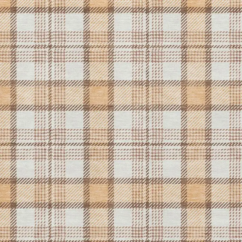 Peach Ivory And Brown Plaid Washable Area Rug With UV Protection Photo 2