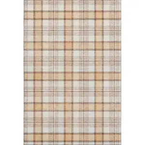 Photo of Peach Ivory And Brown Plaid Washable Area Rug With UV Protection