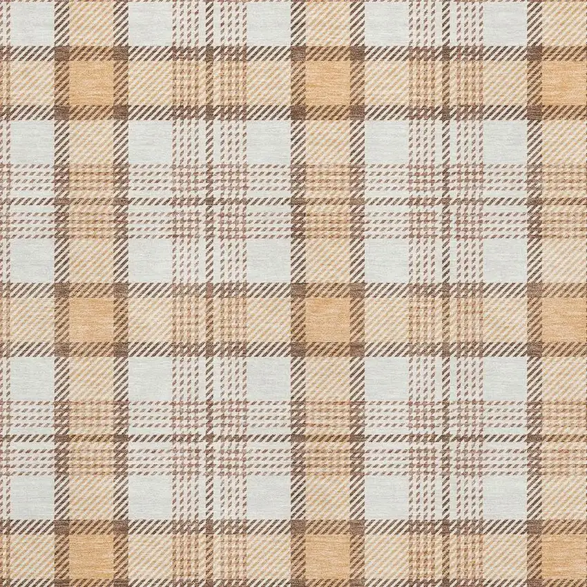 Peach Ivory And Brown Plaid Washable Area Rug With UV Protection Photo 2