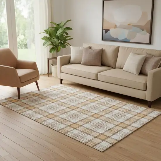 Peach Ivory And Brown Plaid Washable Area Rug With UV Protection Photo 2