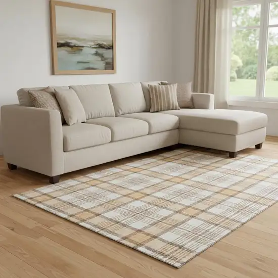 Peach Ivory And Brown Plaid Washable Area Rug With UV Protection Photo 2