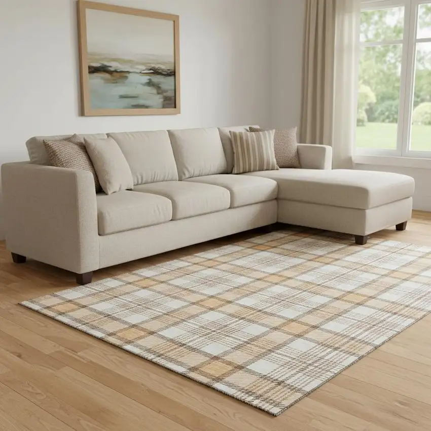 Peach Ivory And Brown Plaid Washable Area Rug With UV Protection Photo 2