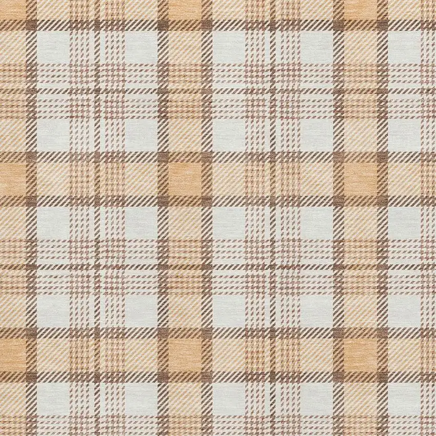 Peach Ivory And Brown Plaid Washable Area Rug With UV Protection Photo 2