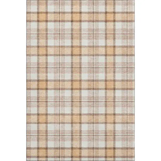 Peach Ivory And Brown Plaid Washable Area Rug With UV Protection Photo 1
