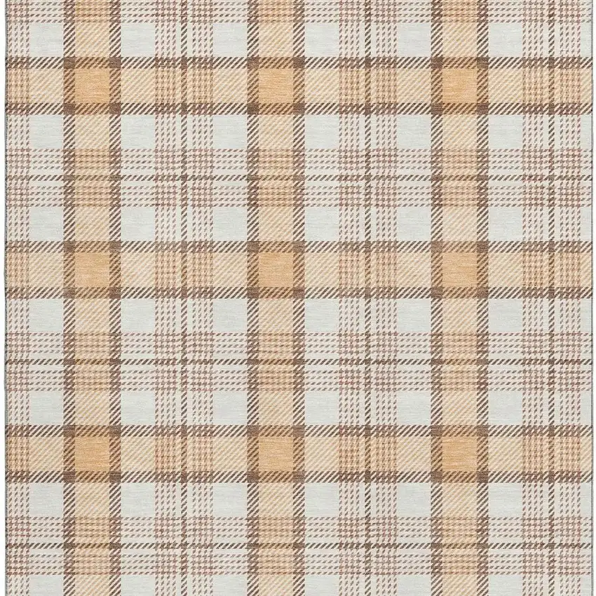 Peach Ivory And Brown Plaid Washable Area Rug With UV Protection Photo 2