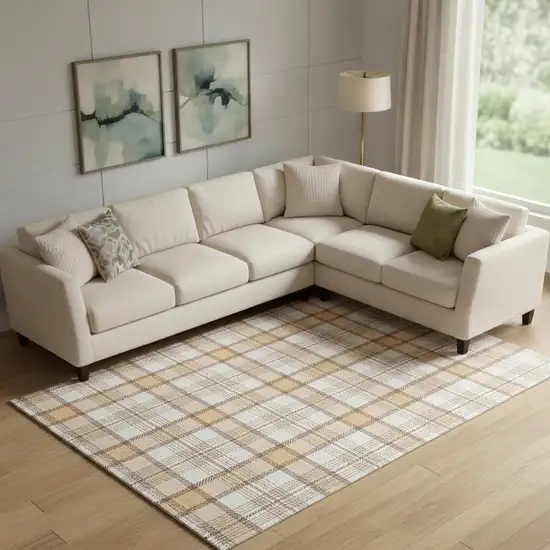 Peach Ivory And Brown Plaid Washable Area Rug With UV Protection Photo 2