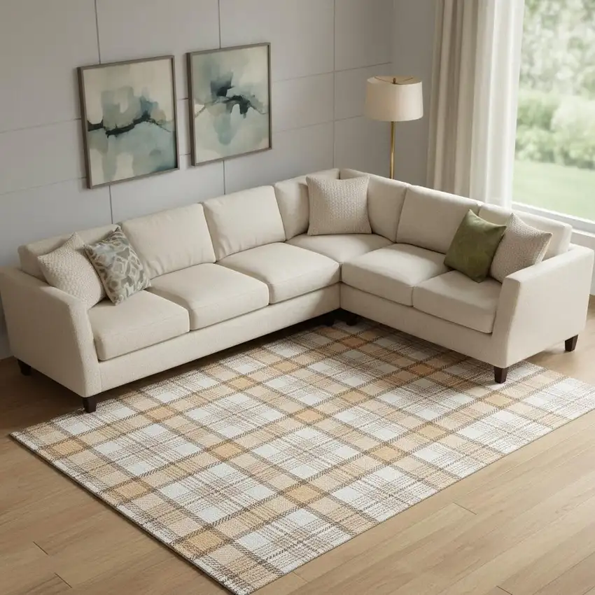 Peach Ivory And Brown Plaid Washable Area Rug With UV Protection Photo 2
