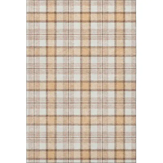 Peach Ivory And Brown Plaid Washable Area Rug With UV Protection Photo 4