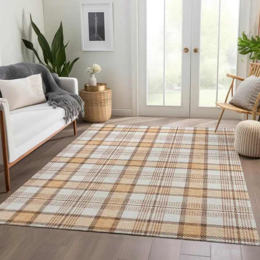 Peach Ivory And Brown Plaid Washable Area Rug With UV Protection Photo 5