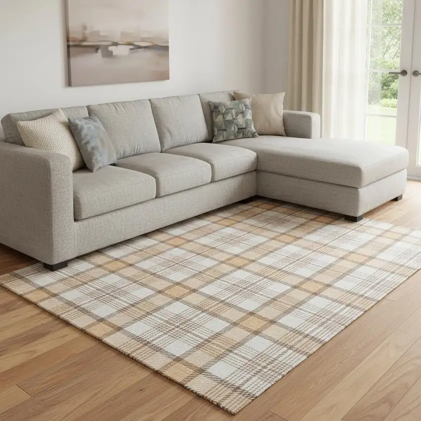 Peach Ivory And Brown Plaid Washable Area Rug With UV Protection Photo 2