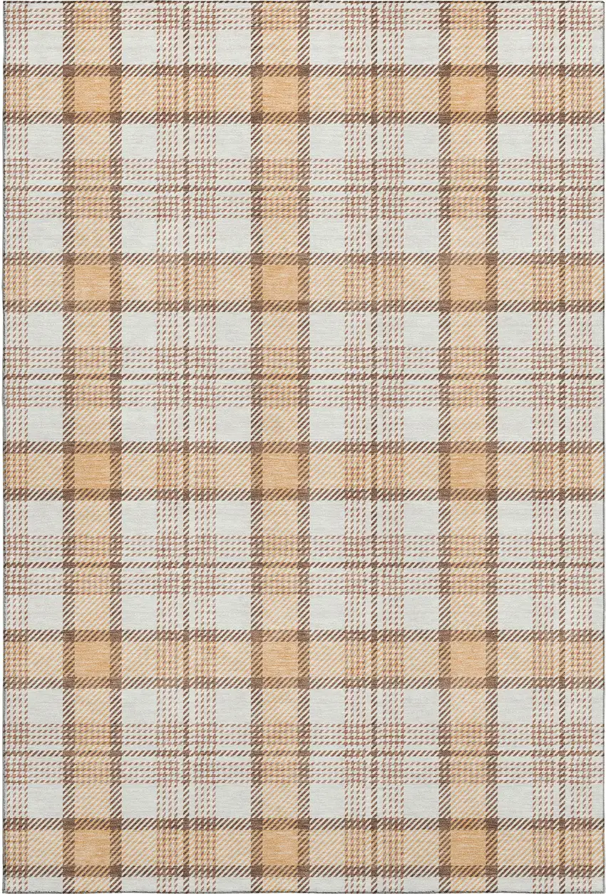 Peach Ivory And Brown Plaid Washable Area Rug With UV Protection Photo 1