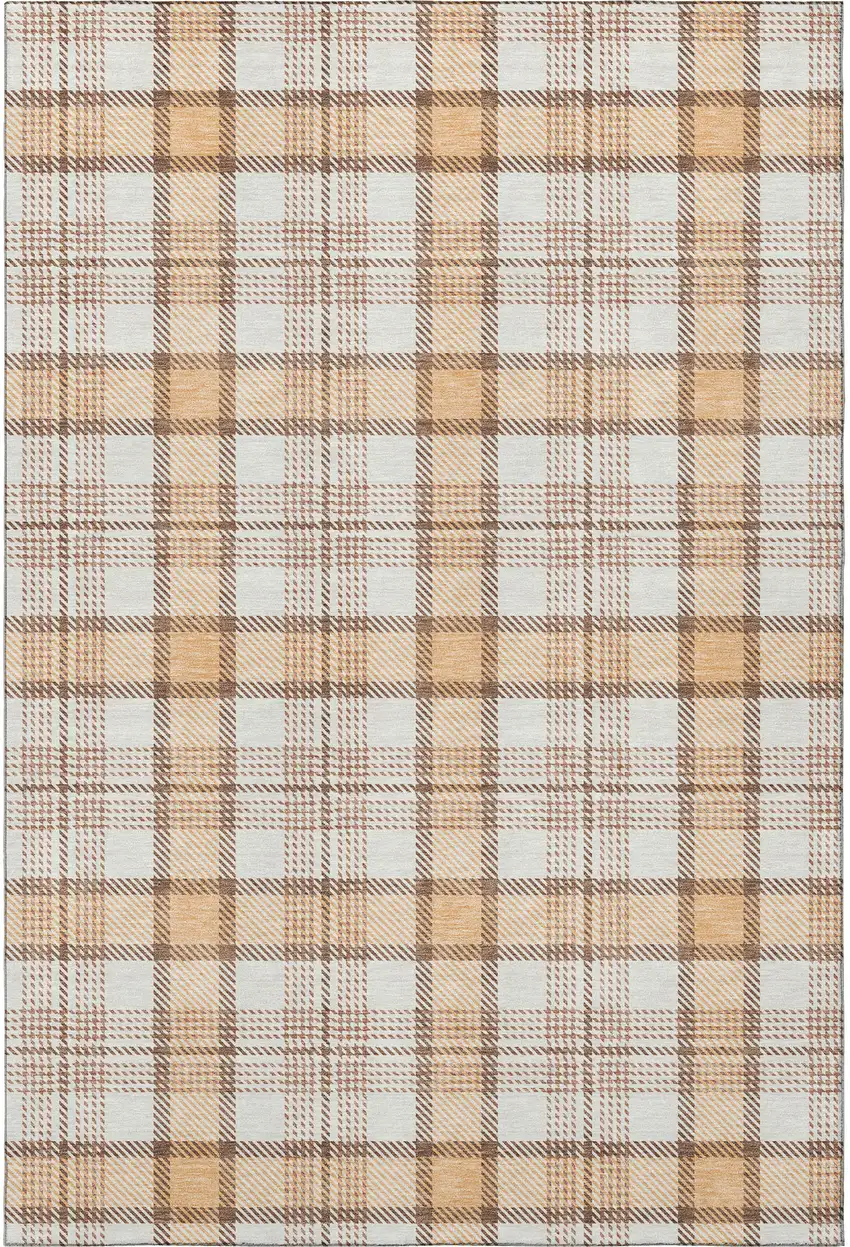 Peach Ivory And Brown Plaid Washable Area Rug With UV Protection Photo 3