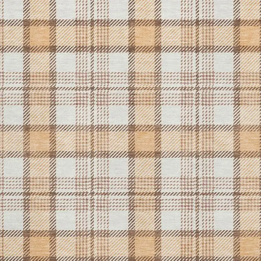 Peach Ivory And Brown Plaid Washable Area Rug With UV Protection Photo 2