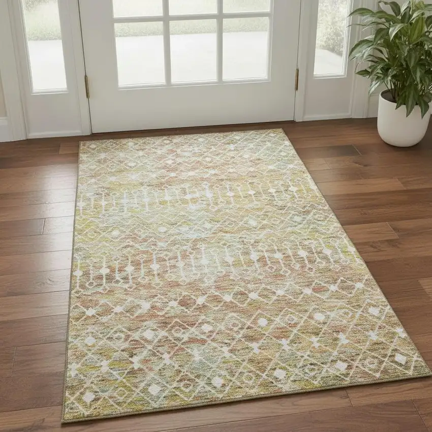 Peach Ivory And Gold Geometric Washable Area Rug With UV Protection Photo 2