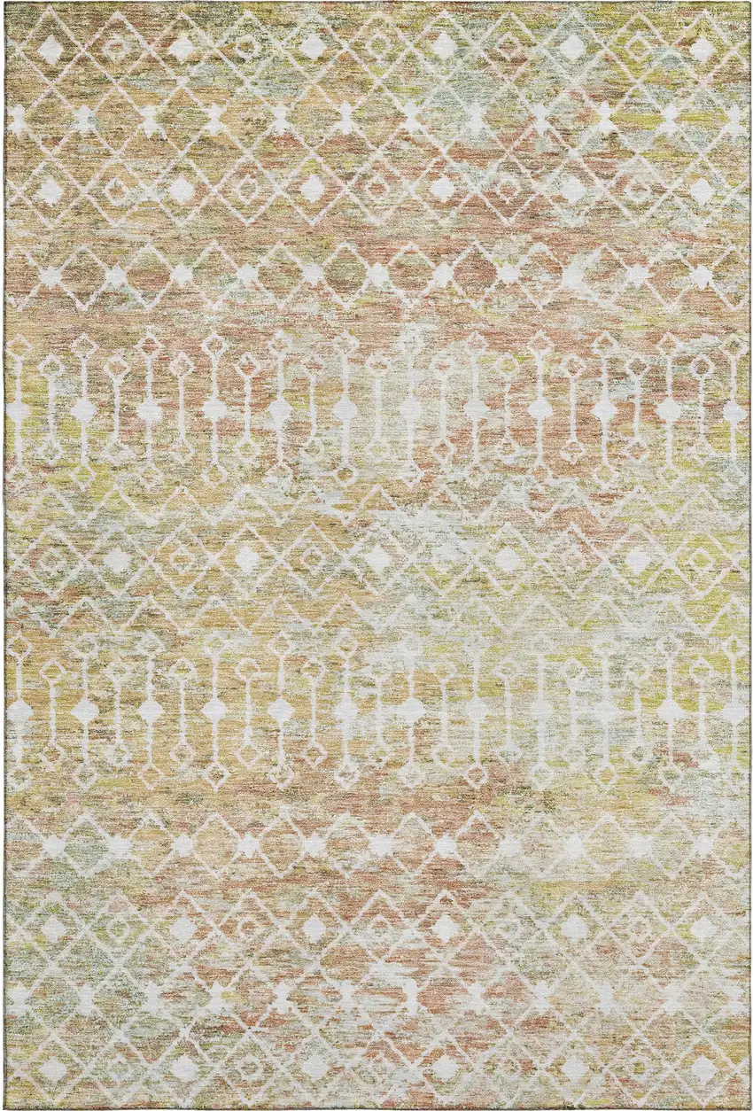 Peach Ivory And Gold Geometric Washable Area Rug With UV Protection Photo 1
