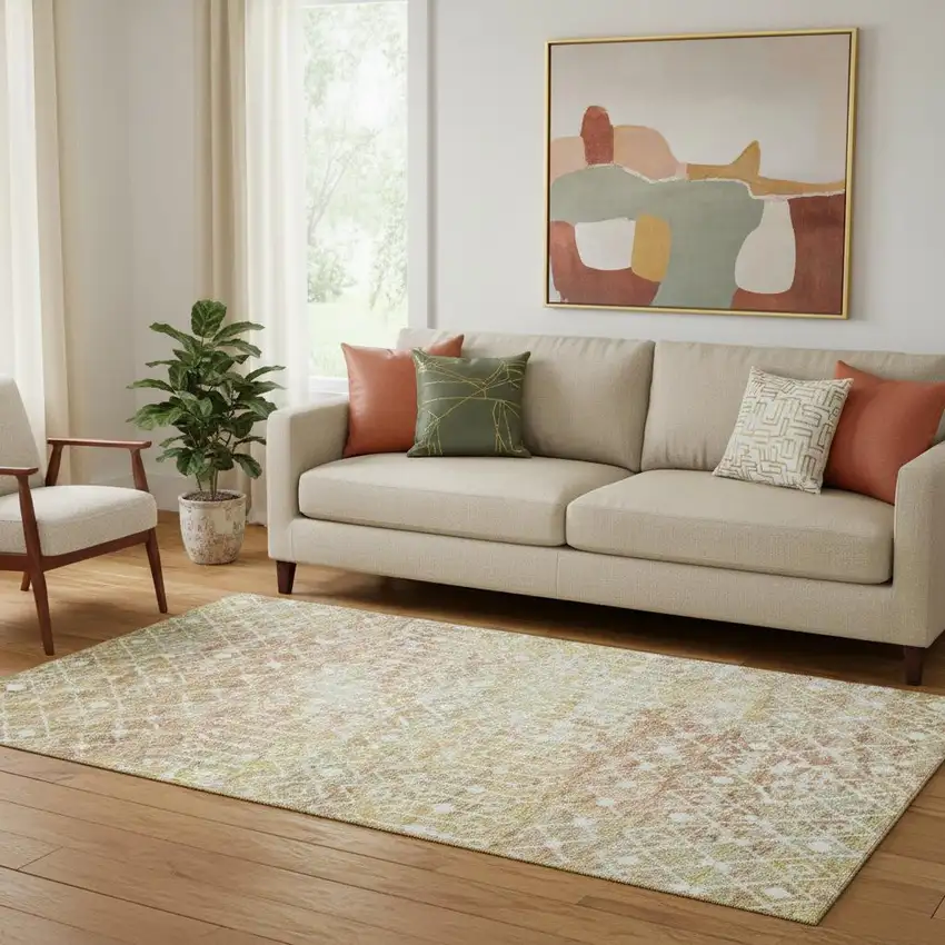 Peach Ivory And Gold Geometric Washable Area Rug With UV Protection Photo 2