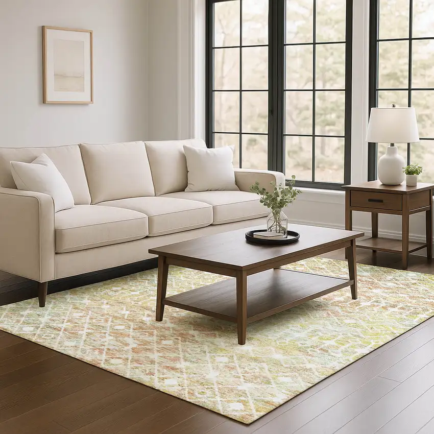 Peach Ivory And Gold Geometric Washable Area Rug With UV Protection Photo 4