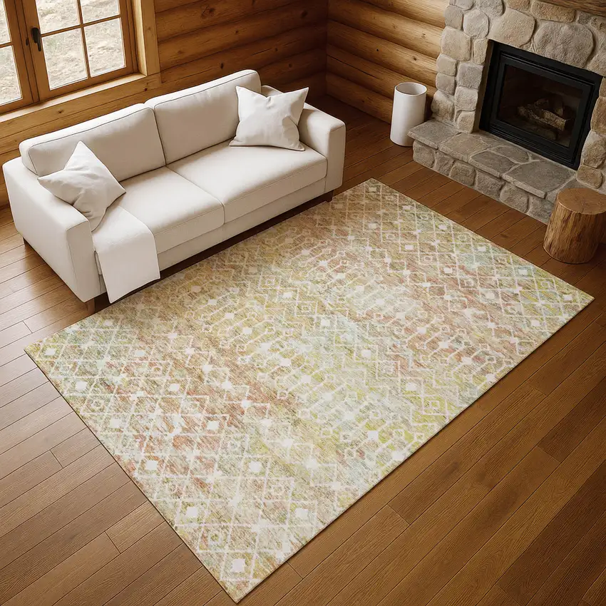Peach Ivory And Gold Geometric Washable Area Rug With UV Protection Photo 5