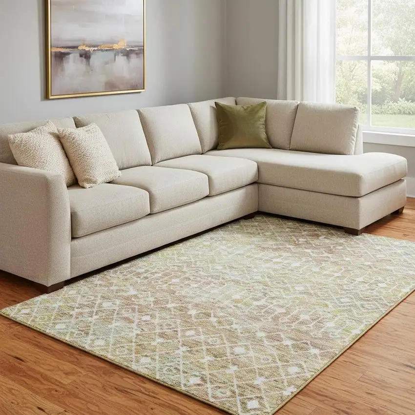 Peach Ivory And Gold Geometric Washable Area Rug With UV Protection Photo 2