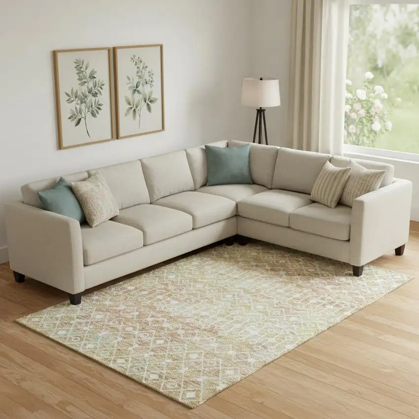 Peach Ivory And Gold Geometric Washable Area Rug With UV Protection Photo 2