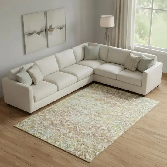 Peach Ivory And Gold Geometric Washable Area Rug With UV Protection Photo 2