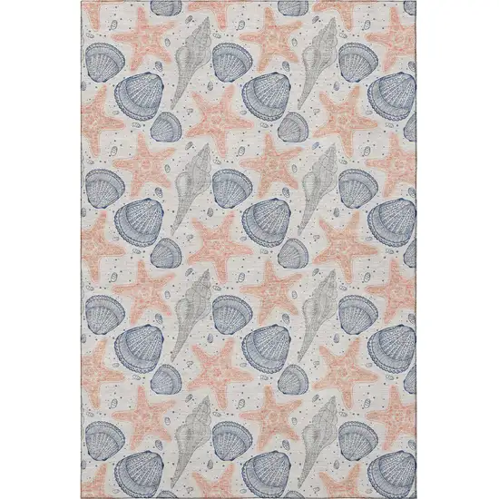 Peach Ivory And Navy Blue Geometric Washable Area Rug With UV Protection Photo 4