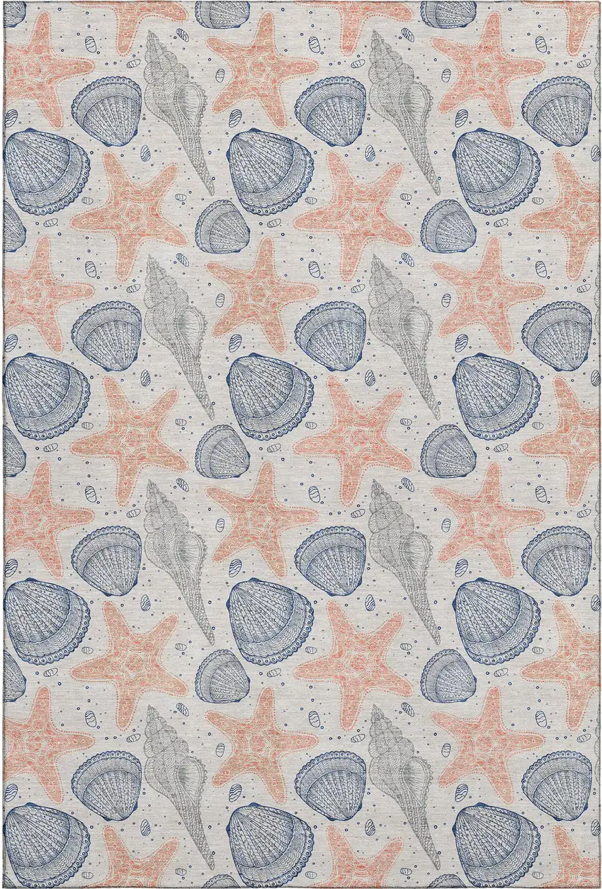 Peach Ivory And Navy Blue Geometric Washable Area Rug With UV Protection Photo 1