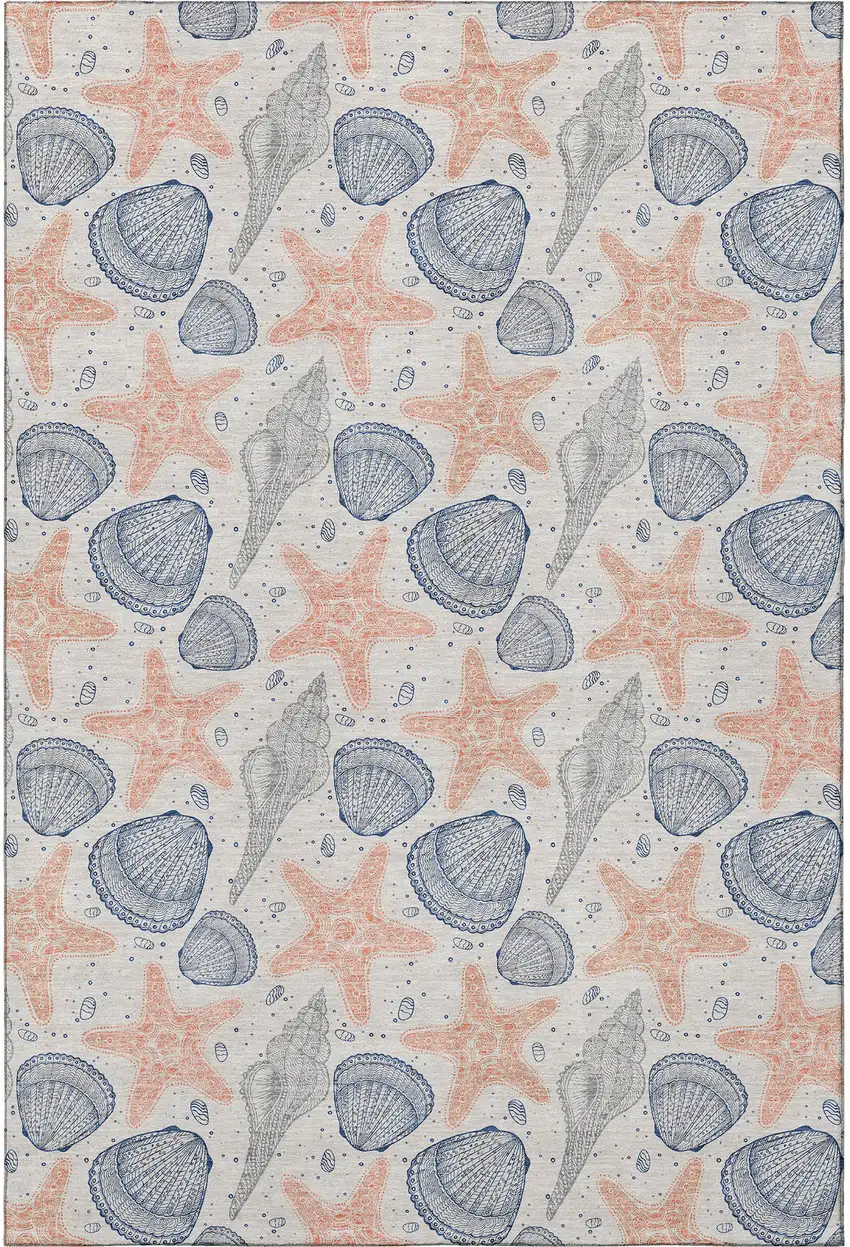 Peach Ivory And Navy Blue Geometric Washable Area Rug With UV Protection Photo 3