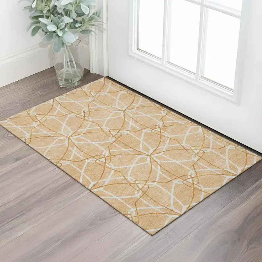 Peach Ivory And Orange Geometric Washable Area Rug With UV Protection Photo 2