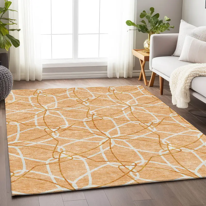 Peach Ivory And Orange Geometric Washable Area Rug With UV Protection Photo 4
