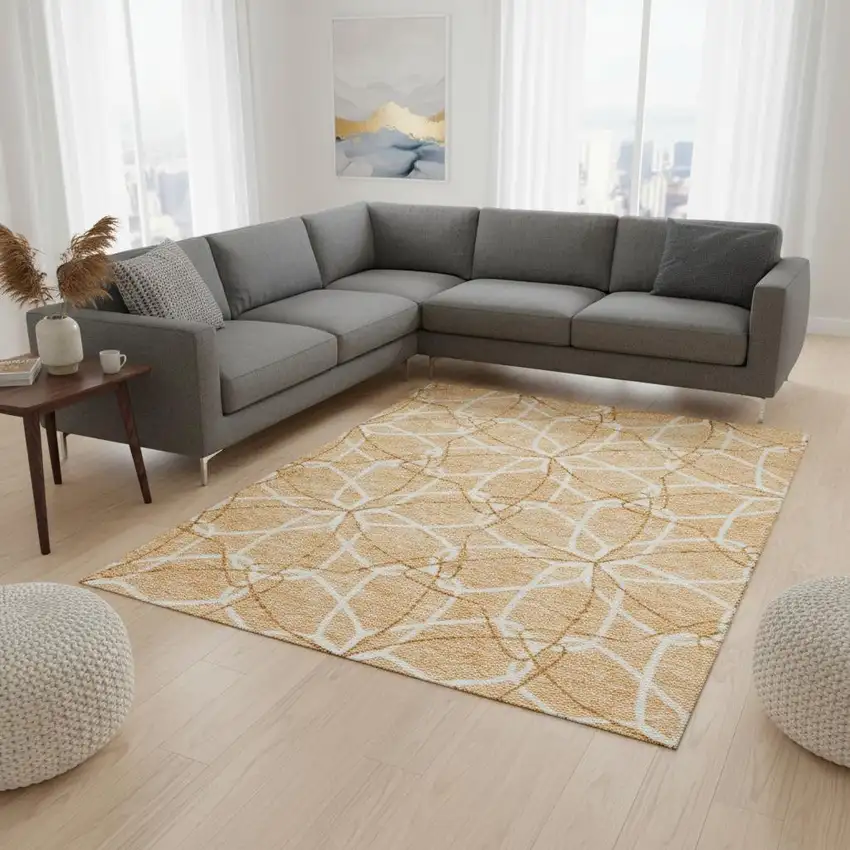 Peach Ivory And Orange Geometric Washable Area Rug With UV Protection Photo 2