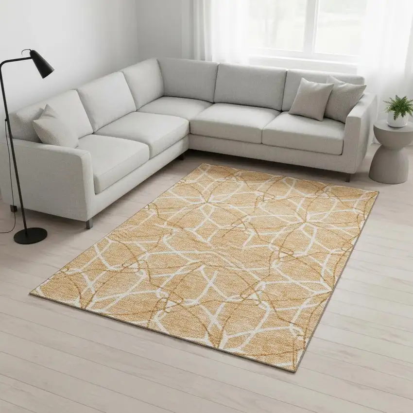 Peach Ivory And Orange Geometric Washable Area Rug With UV Protection Photo 2