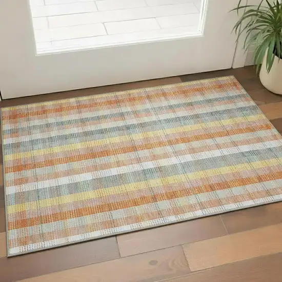 Peach Ivory And Yellow Plaid Washable Area Rug With UV Protection Photo 2