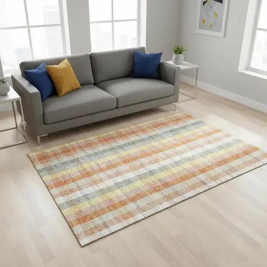 Peach Ivory And Yellow Plaid Washable Area Rug With UV Protection Photo 2