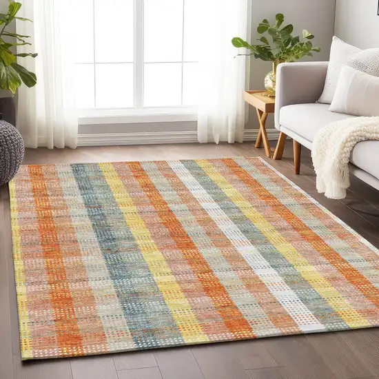 Peach Ivory And Yellow Plaid Washable Area Rug With UV Protection Photo 4