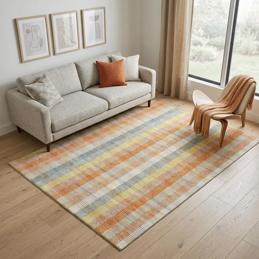 Peach Ivory And Yellow Plaid Washable Area Rug With UV Protection Photo 1