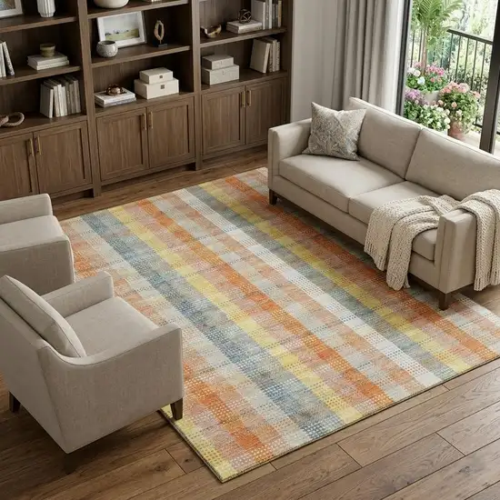 Peach Ivory And Yellow Plaid Washable Area Rug With UV Protection Photo 1
