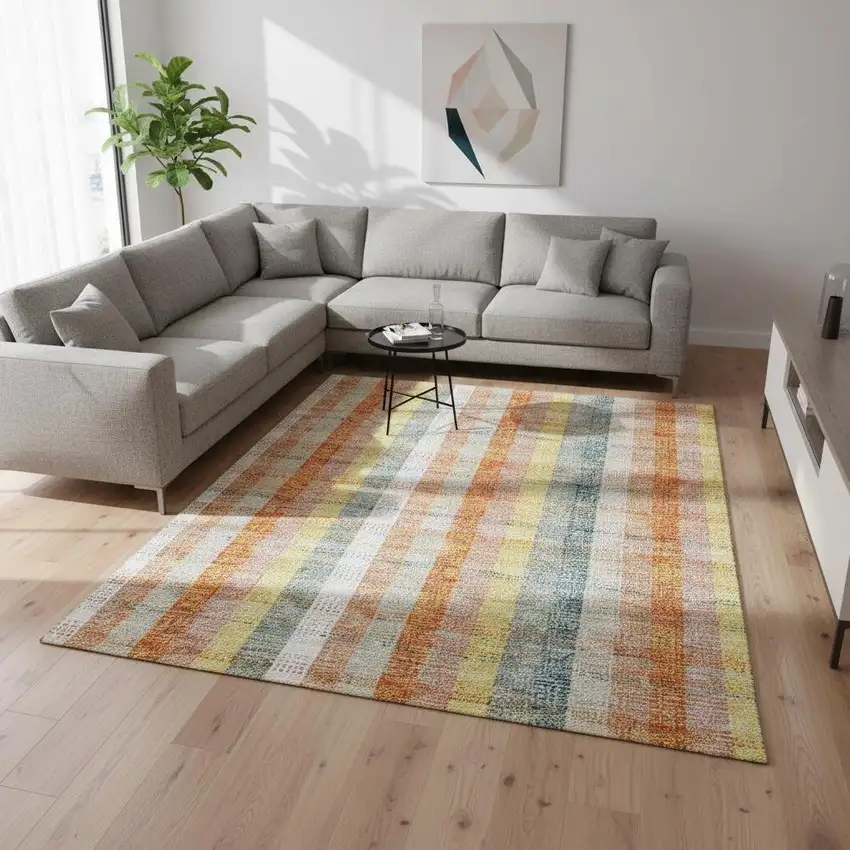 Peach Ivory And Yellow Plaid Washable Area Rug With UV Protection Photo 2