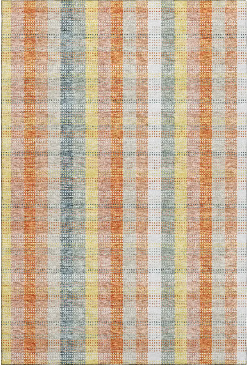 Peach Ivory And Yellow Plaid Washable Area Rug With UV Protection Photo 1
