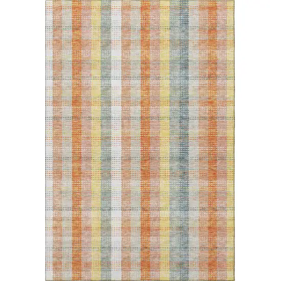 Peach Ivory And Yellow Plaid Washable Area Rug With UV Protection Photo 3