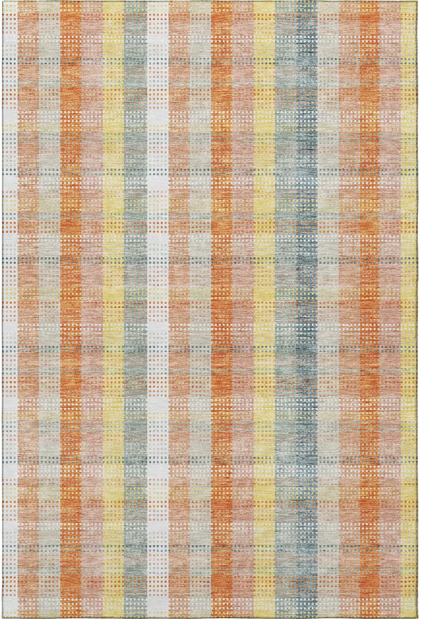 Peach Ivory And Yellow Plaid Washable Area Rug With UV Protection Photo 3