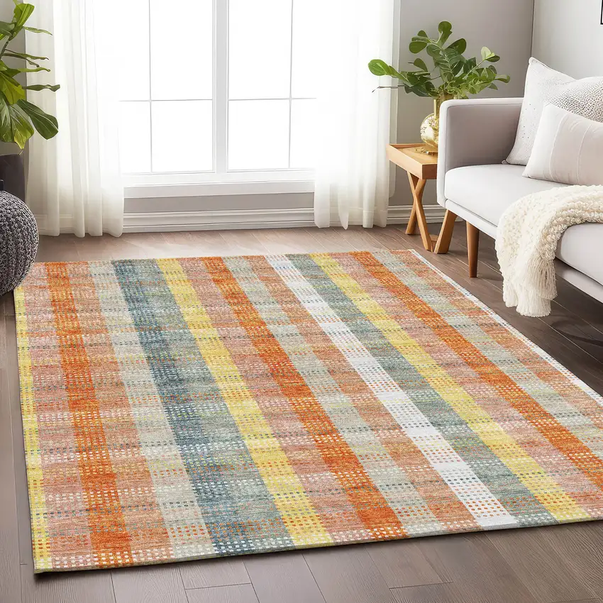 Peach Ivory And Yellow Plaid Washable Area Rug With UV Protection Photo 4