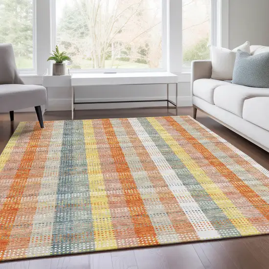 Peach Ivory And Yellow Plaid Washable Area Rug With UV Protection Photo 5
