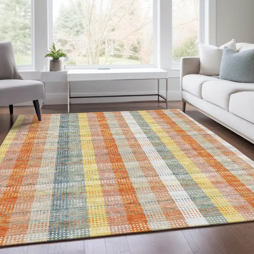Peach Ivory And Yellow Plaid Washable Area Rug With UV Protection Photo 5