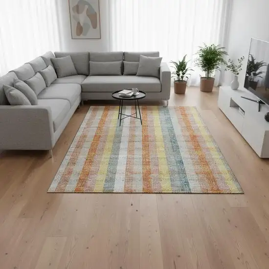 Peach Ivory And Yellow Plaid Washable Area Rug With UV Protection Photo 2