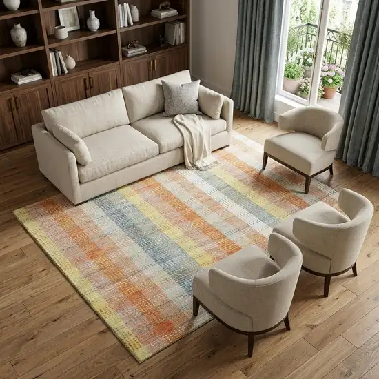 Peach Ivory And Yellow Plaid Washable Area Rug With UV Protection Photo 1
