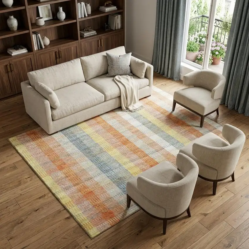 Peach Ivory And Yellow Plaid Washable Area Rug With UV Protection Photo 1