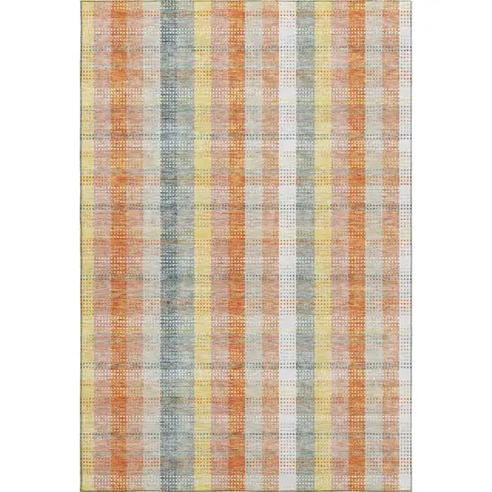 Peach Ivory And Yellow Plaid Washable Area Rug With UV Protection Photo 1