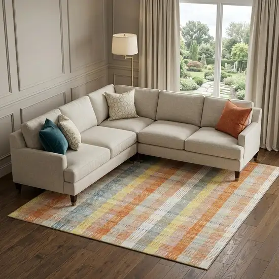 Peach Ivory And Yellow Plaid Washable Area Rug With UV Protection Photo 1